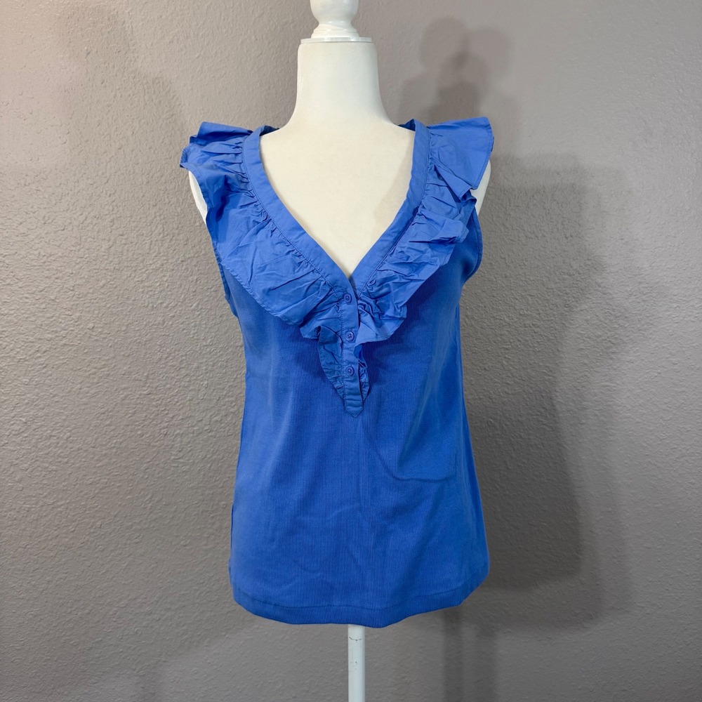 NWT Loft Women's Size L Blue Ruffle V-Neck Sleeveless Ribbed Knit Top 603648